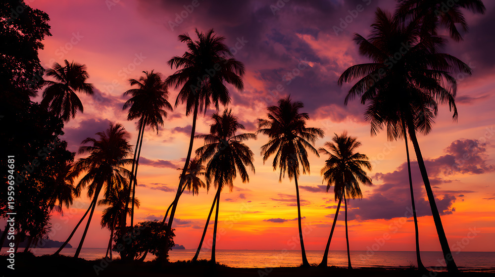 Obraz premium Sunset silhouettes of tropical palm trees