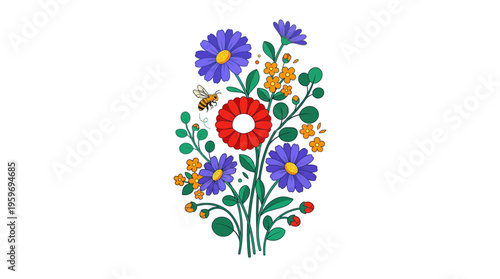 Colorful folk-art bouquet of wildflowers illustration featuring a red poppy, purple and blue blooms, and lush green foliage