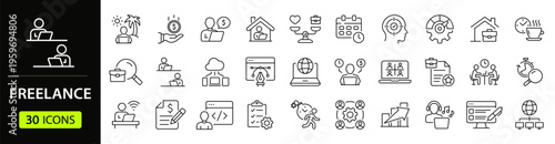Freelance Web Icon Set in Linear Style. Collection of remote work, line icons, including working from home, freelancer, laptop, meeting, business, online job, home office and more. Editable stroke