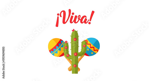 A vibrant vector graphic of a cactus with maracas and the Spanish phrase Viva, perfect for festive designs