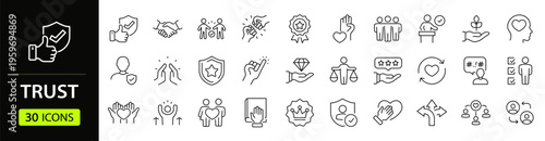 Trust Web Icon Set in Linear Style. Collection of trustworthy, line icons, including trustworthy, credibility, confidence, integrity, confidence, promise, loyalty, honesty and more. Editable stroke