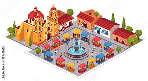 A vibrant isometric illustration of a Mexican town square with a fountain and market stalls