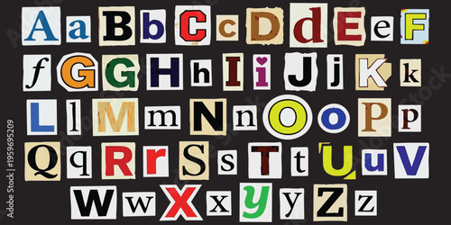 Alphabet set of cutout ransom note style letters on a black background design