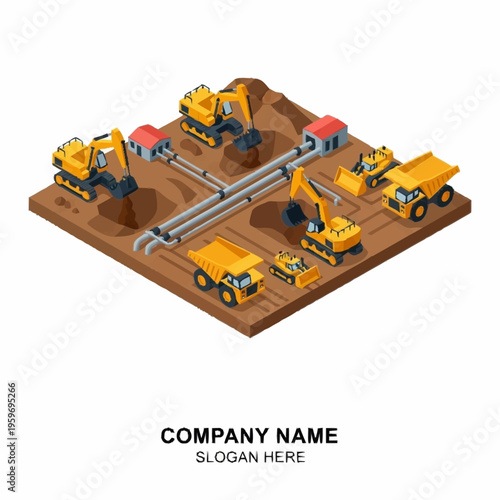 Isometric illustration of heavy machinery and construction equipment working on a site with pipes and earth.