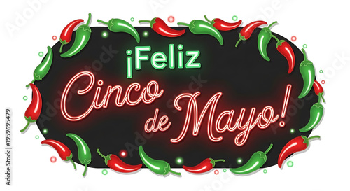 A vibrant Cinco de Mayo celebration graphic with colorful chili peppers and neon text
