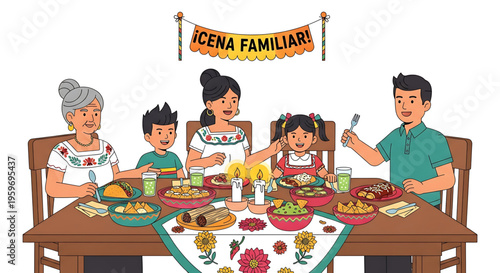 A vibrant cartoon illustration of a diverse family enjoying a meal together at a dinner table with a festive banner reading 'Cena Familiar' in a colorful and lively setting.
