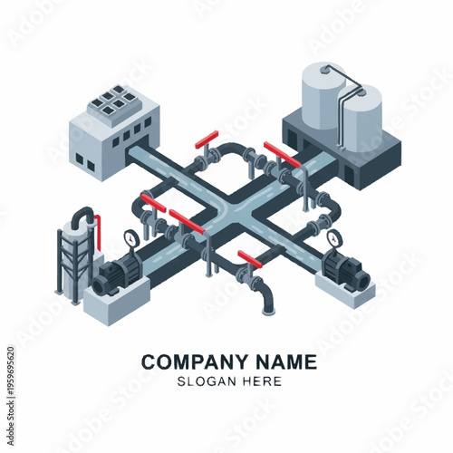 Isometric illustration of an industrial water treatment plant with pumps, pipes, valves, and storage tanks.