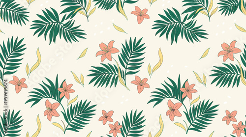 Tropical botanical pattern featuring palm leaves and hibiscus flowers on a soft beige background, seamless textile design