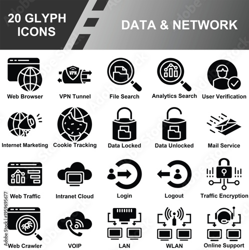 20 Glyph Data and Network Icons Set - Web, VPN, Analytics, Security, Cloud, LAN, WLAN, Communication Vector Collection