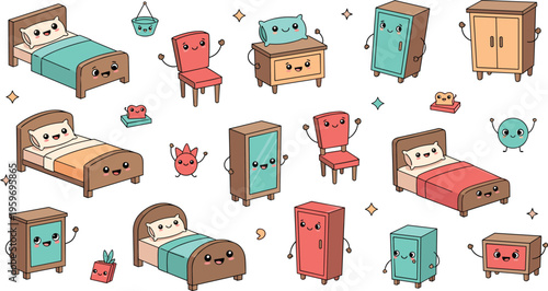 Cute kawaii bedroom furniture characters vector set, funny cartoon beds, chairs and cabinets, adorable home interior illustrations, playful design collection