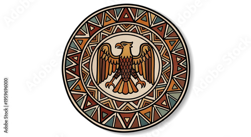 A colorful vector graphic of a stylized eagle emblem surrounded by a geometric pattern, perfect for use as a logo or icon in various design projects.
