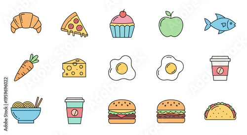 Colorful cartoon food and drink items.