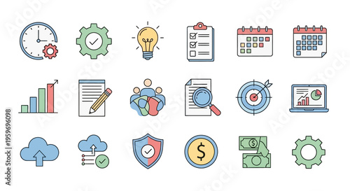 Business icons for productivity and finance.