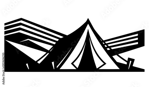 Modern Desert Tent Graphic with Bold Black White Shapes and Minimal Landscape Design Vector