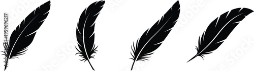 Bird feather icon set in flat style, black quill feather silhouette pen symbols vector illustration