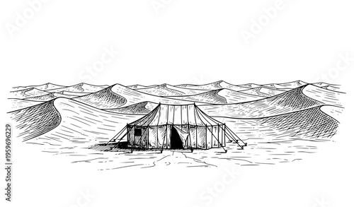 Desert Tent Landscape Black and White Sketch with Sand Dunes Minimal Hand Drawn Vector Illustration