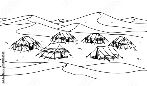 Desert Camp Tent Sketch Illustration with Multiple Tents and Flowing Dunes Black White Vector