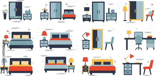 Bedroom furniture vector set with beds, wardrobes, desks and lamps, modern interior elements, home decor illustrations, minimalist flat design collection