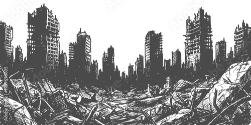 Hand drawn ink illustration of a ruined city landscape with destroyed buildings and debris