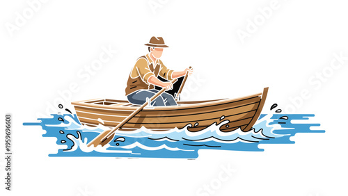 Man Rowing Boat: An illustration of a man rowing a boat, navigating the water with a hat. 