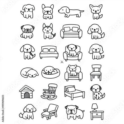 Dogs and cats are sitting on furniture in a living room setting with various animals.