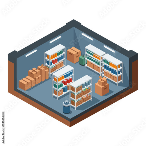 Isometric Warehouse Interior with Shelves, Boxes, and Supplies.