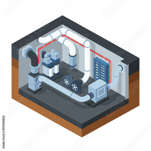 Isometric Illustration of a Mechanical Room with Pipes and Equipment.