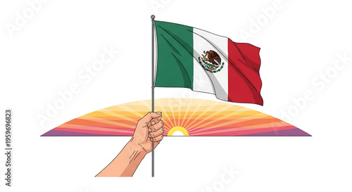 A vibrant illustration of a hand holding the Mexican flag in front of a colorful sunrise
