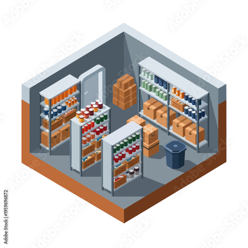 Isometric Pantry Storage Room with Shelves and Food Supplies.
