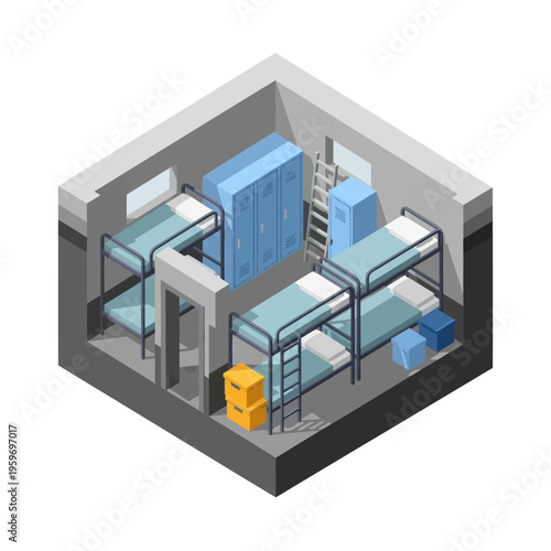 Isometric Dorm Room Illustration with Bunk Beds and Lockers.