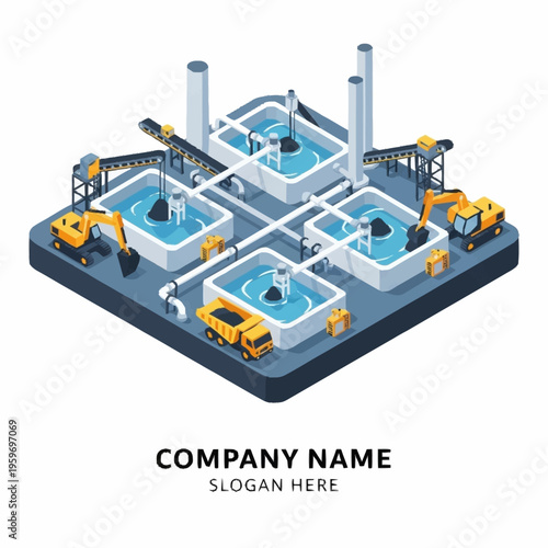 Isometric illustration of an industrial water treatment plant with excavators and dump trucks.