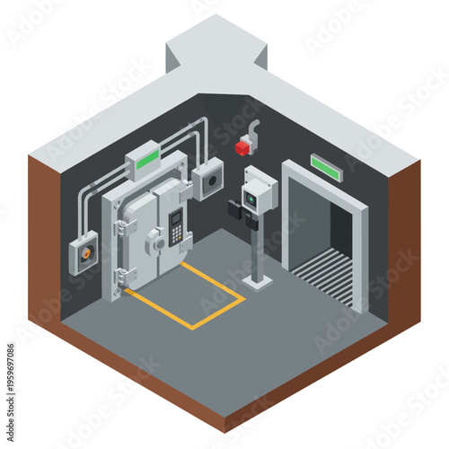 Isometric View of a Secure Vault Room with Heavy Door.