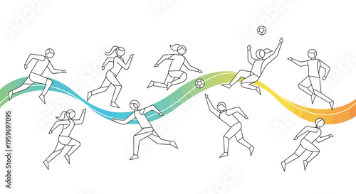 Illustration of multi-country athletes in various sports poses connected by a colorful wavy line, symbolizing global sports unity and peace on International Day of Sport for Development