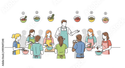 A colorful illustration of a group of people cooking together in a kitchen with a chef leading the meal preparation.