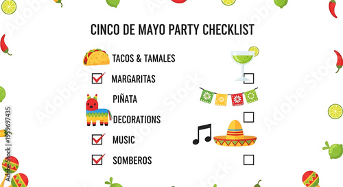 A colorful Cinco de Mayo party checklist vector graphic with tacos, margaritas, piñata, and sombreros