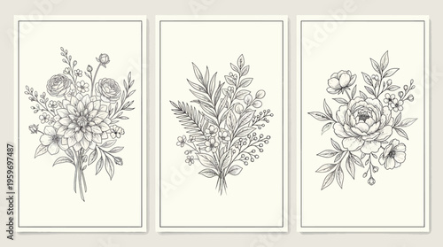 Triptych of vintage grayscale botanical illustrations featuring delicate florals and lush foliage in framed prints for elegant wall decor