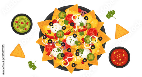A vibrant plate of nachos with various toppings and dips, perfect for a delicious snack or meal.