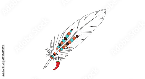 A colorful feather icon with beads and a chili pepper, symbolizing cultural heritage and spirituality in a minimalist vector design.