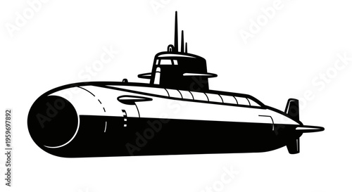 Submarine isolated on white background showcasing sleek military naval technology design in minimalistic style.