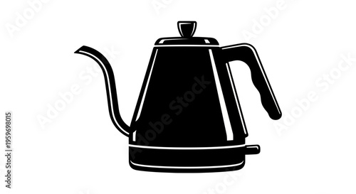Black kettle with a gooseneck spout and handle, placed on a solid surface with a minimalistic look.