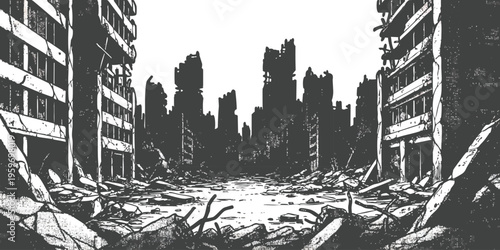 Post apocalyptic city ruins with destroyed buildings in a gritty black and white style