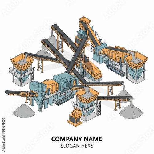 Isometric illustration of a complex industrial crushing and screening plant with multiple conveyor belts and hoppers.