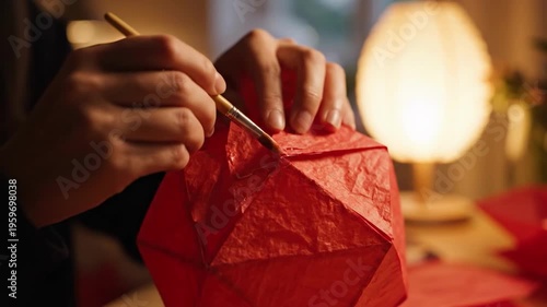 Person assembling red paper lantern with hands and brush indoors