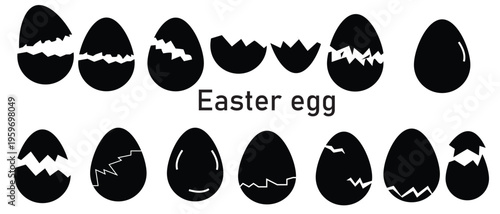 Broken Easter egg,Black solid eggs vector isolated on transparent background. Broken eggs icon set. Cracked eggs symbols.Egg shell and egg icon set. Vector illustration.