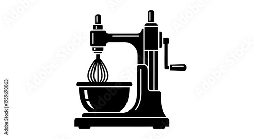 Black and white illustration of a vintage food mixer with a hand crank and mixing bowl attached.