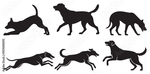 Running and chasing dog silhouettes in fast motion. vector illustration eps 10