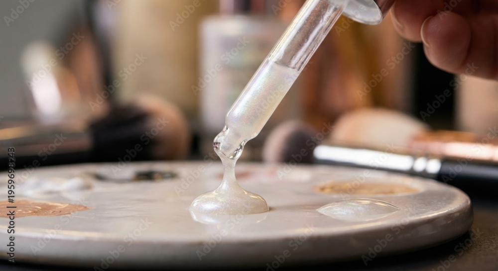 Fototapeta premium Shimmering liquid primer dripping onto makeup artist palette