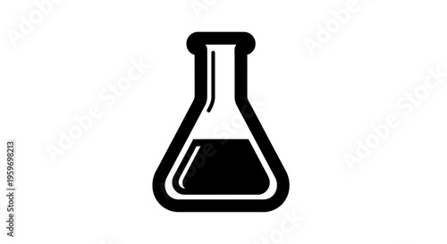 Black and white illustration of an Erlenmeyer flask containing a dark liquid, with emphasis on laboratory themes.