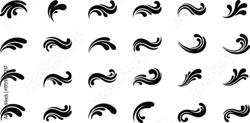 set of black swirl decorative elements and floral ornament flourishes featuring elegant water splash curves and wave silhouettes for creative graphic design projects.
