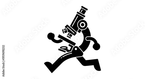 Anthropomorphic microscope character in running pose with exaggerated limbs. Whimsical science illustration on white.